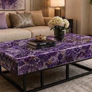 Mesa de centro de piedra amatista hecha a mano, muebles de lujo de cristal para sala de estar.