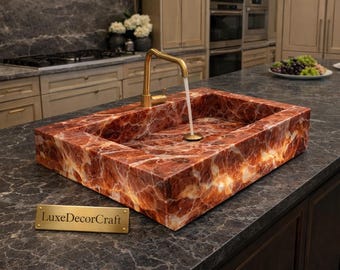 Handmade Red Onyx Vessel Sink – Luxury Natural Stone Countertop Basin – Translucent Bathroom Sink