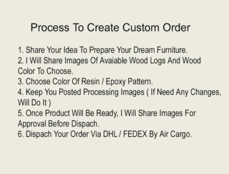 May include: A list of steps outlining the process to create a custom order for furniture. The steps include sharing your idea, choosing wood and resin colors, and receiving updates on the progress of your order.