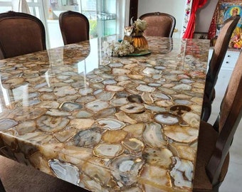 Wild Agate Center Dining Table Top Gemstone Countertop Confernce Meeting Desk Handmade Furniture Hallway Decors