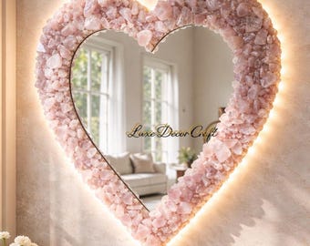 Handmade Rose Quartz Heart Mirror, Romantic Crystal Wall Decor, Luxury Gemstone Accent (Valentine Gift)