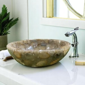 Round Agate Stone Bathroom Sink Luxury Gemstone Modern Arts Cafeteria Agate Countertop Sink Bathroom Sink & Washbasin Home improvement Deco