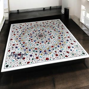 Handmade White Marble Coffee Table Top: Pietra Dura Stone Inlay