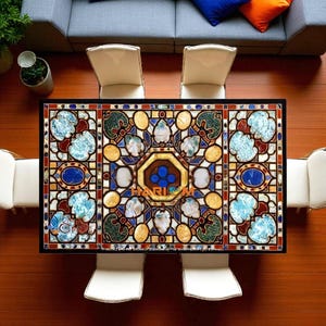 Black Marble Inlay Dining Table: Semi-Precious Stone Slab, Handmade