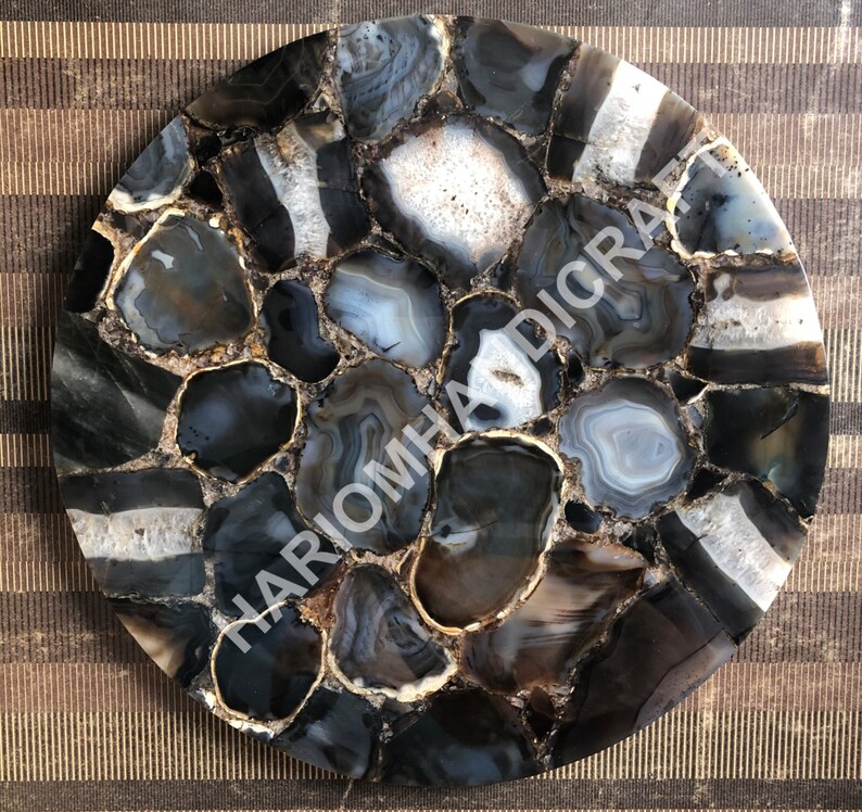 24 Round Marble Black Coffee Table Top Agate Precious Stone Works Home Cafeteria Decorative