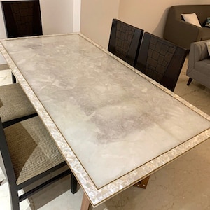 Elegant White Quartz Stone Dining Table Top Handmade Furniture Crystal ...