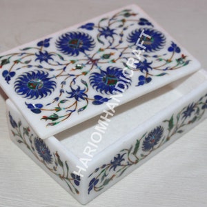 6x4x2 White Marble Jewelry Box Multi Semi Precious Gem Stones Floral Marquetry Inlay Wedding Gifts