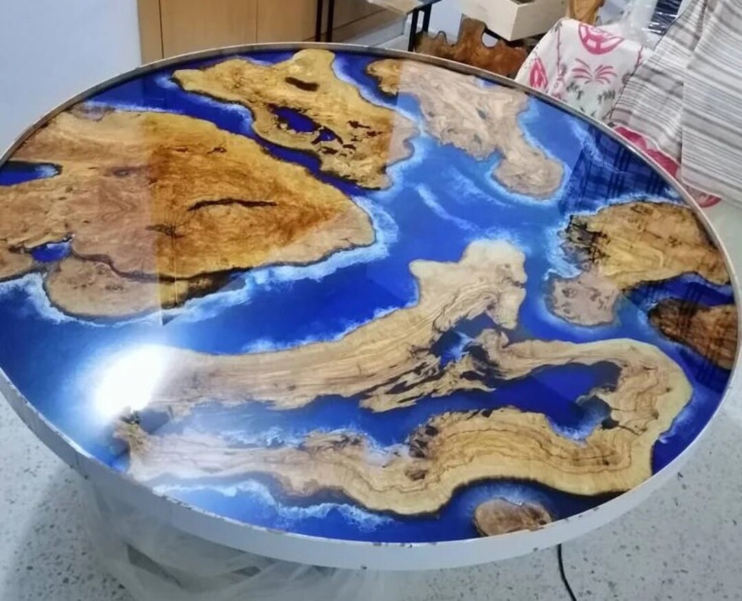 Round Blue Epoxy Resin Coffee Table Tops Mid Century Modern Etsy