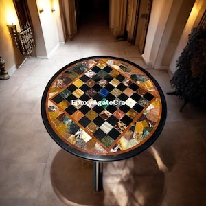 Round Black Marble Chess Table Top | Custom-Made Semi-Precious Stone Inlay Game Table for Luxury Décor Furniture