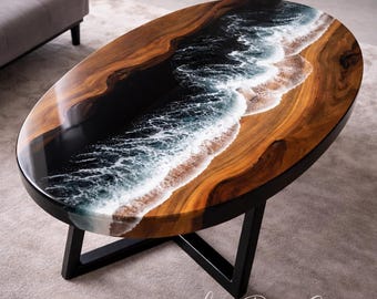 Custom Epoxy Ocean Table, Black Resin Wave River Table, Live Edge Wood Dining Table, Handmade Beach Style Furniture