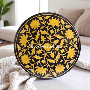 Black Marble Inlay Coffee Table Top: Handmade Floral Pietra Dura Art