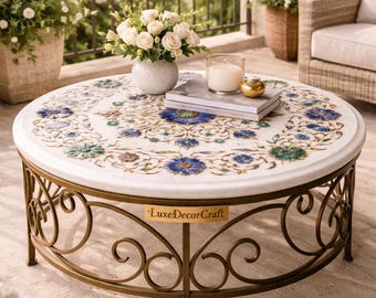 Handmade Marble Inlay Table Top | Floral Pietra Dura Art, Lapis Lazuli Coffee Table