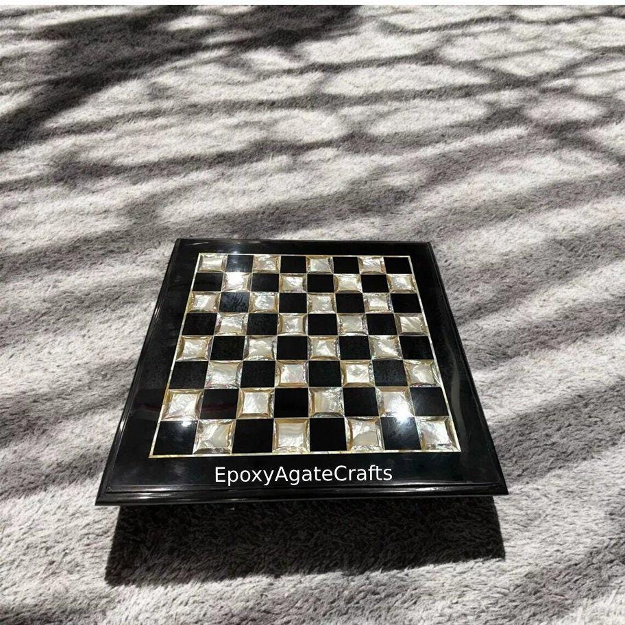 黒大理石のチェステーブルトップ：マザーオブパールの象嵌細工、手作り