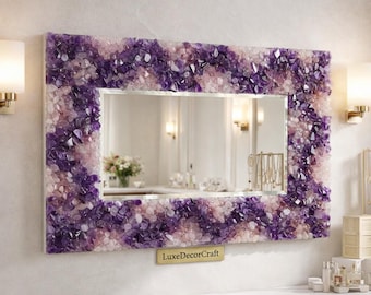 Amethyst & Rose Quartz Unique Mosaic Wall Mirror – Natural Crystal Stone Luxury