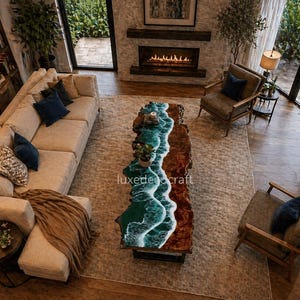 Ocean Home Epoxy Wave Console Table | Live Edge Wood Resin Sofa Table | Coastal Luxury Entryway Furniture