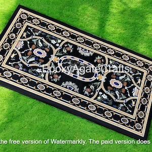 Black Marble Dining Table Top: Floral Marquetry Inlay, Handmade Furniture