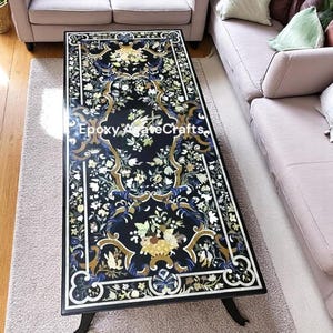 Black Marble Coffee Table: Floral Marquetry Inlay, Semi-Precious Stone