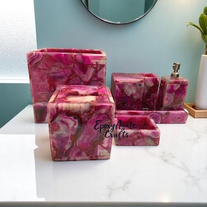 Pink Agate Stone Bathroom Set 7 pcs Handmade Gemstone Vanity Accessories  Includes Soap Dispenser, Tissue Box, Toothbrush Holder, Tray Decor