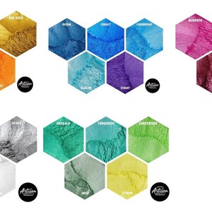 May include: A set of 18 metallic mica powder colors in hexagonal containers. The colors include gold, copper, teal, cobalt, violet, magenta, amethyst, rose, onyx, pewter, silver, emerald, turquoise, chartreuse, sage, and citron.