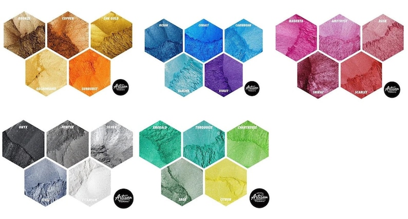 May include: A set of 18 metallic mica powder colors in hexagonal containers. The colors include gold, copper, teal, cobalt, violet, magenta, amethyst, rose, onyx, pewter, silver, emerald, turquoise, chartreuse, sage, and citron.
