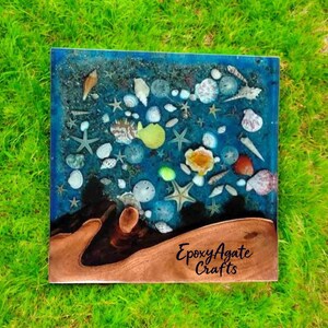 Blue Epoxy Resin Coffee Table: Handmade Seashell Inlay, Luxury Decor