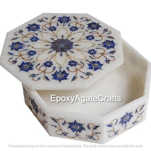 6&quot;x6&quot;x2&quot; White Marble Storage Jewelry Box Lapis Lazuli Inlay Gemstone Floral Marquetry Arts Keepsake Organizer Box Best Gifts For Wedding
