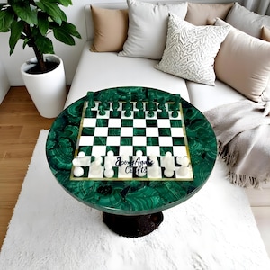 Round Malachite Stone Chess Table Top Board Game with Pieces, Marble Premium Table and Collectible, Best Selling, Perfect Garden Decors