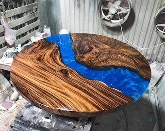 Mesa de centro redonda de resina epoxi azul, tablero de madera de Acacia Natural con borde vivo, muebles de nogal, decoraciones de escritorio para reuniones y conferencias