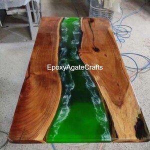 Custom Made Green Epoxy Resin Dining Table Natural Acacia Wooden Live Edge Kitchen Slab and Office Conference Hallway Decors