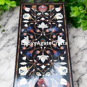 Black Marble Inlay Dining Table Top: Gemstone Marquetry Art