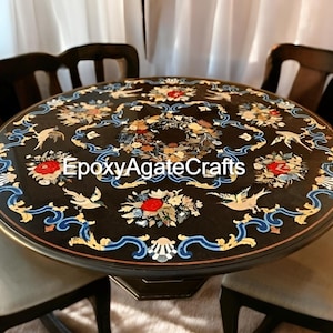 Round Black Marble Top Coffee Table, Semi Precious Stone Inlay Arts, Luxury Cafeteri,a Modern Pietra Dura Handmade Furniture, Hallway Decor