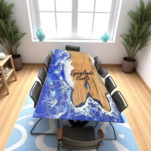 Handcrafted Ocean Wave Resin Dining Table – Live Edge Wood Coastal Epoxy Table Unique Handcrafted Coastal Resin River Table Furniture Decors