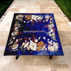 Handmade Lapis Lazuli Inlay Coffee Table: Floral Art Marble Tabletop