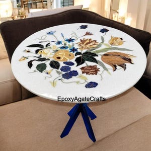 Round White Marble Center Sofa Coffee Table Top | Multi-Precious Stone Floral Marquetry Arts | Luxury Home Décor for Living Room and Office