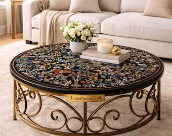 Black Marble Inlay Coffee Table: Gemstone Mosaic Floral Design
