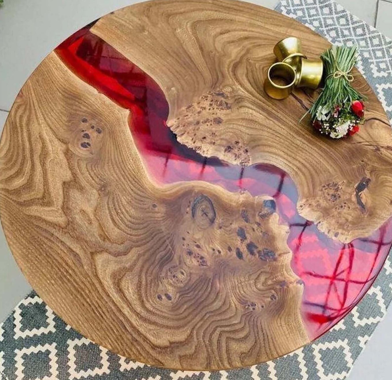 Custom Made Red Epoxy Resin Top Center Sofa Coffee Table Tops, Handmade Furniture, Mid Century