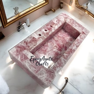 18&quot;x40&quot; Pink Rose Quartz Stone Bathroom Sink Luxury Gemstone Wash Basin for Modern Handmade Crystal Healing Vessel Sink for Elegant Bathroom