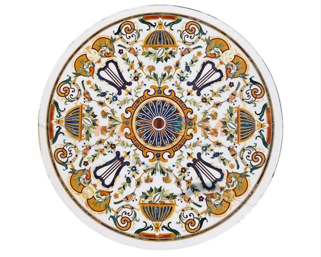 White Marble Top Coffee Table Semi Precious Inlay Marquetry Etsy