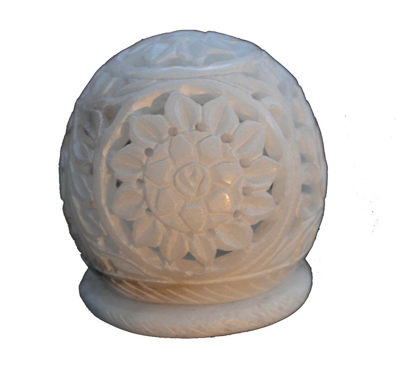 3 White Marble Lamp Candle Holder Hand Carved Flower Beautiful Lighting Decorations