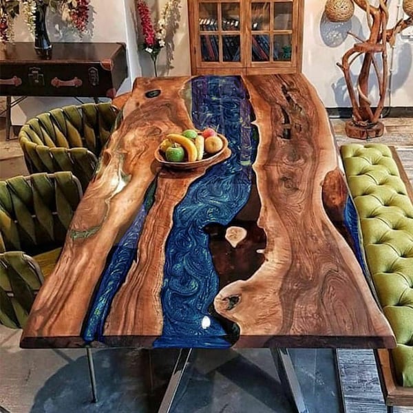Blue Epoxy Center Table with Walnut Accents Elevate Your Space with Handcrafted Elegance and Live Edge Resin Decor