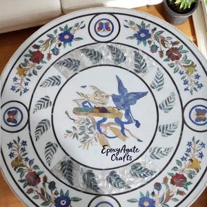 Handgemaakt salontafelblad met ingelegd marmer: bloemenvogel Pietra Dura Art