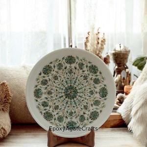 10&quot; Round Marble White Top Serving Dining Plate Abalone Shell Stone Floral Pietra Dura Modern Inlay Arts Marquetry Handmade Occasional Decor
