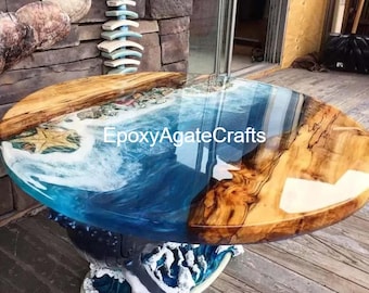 Handmade Ocean Wave Epoxy Coffee Table: Round Resin Wood Table
