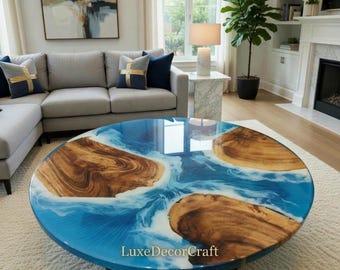 Ocean Wave Epoxy Resin Coffee Table, Handmade Wood River Tabletop, Living Room Decor