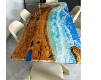 Handmade Ocean Wave Epoxy Resin Table: Live Edge Walnut, Coastal