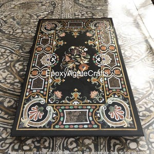 Black Marble Dining Table Top: Gemstone Inlay, Handmade Pietra Dura Art