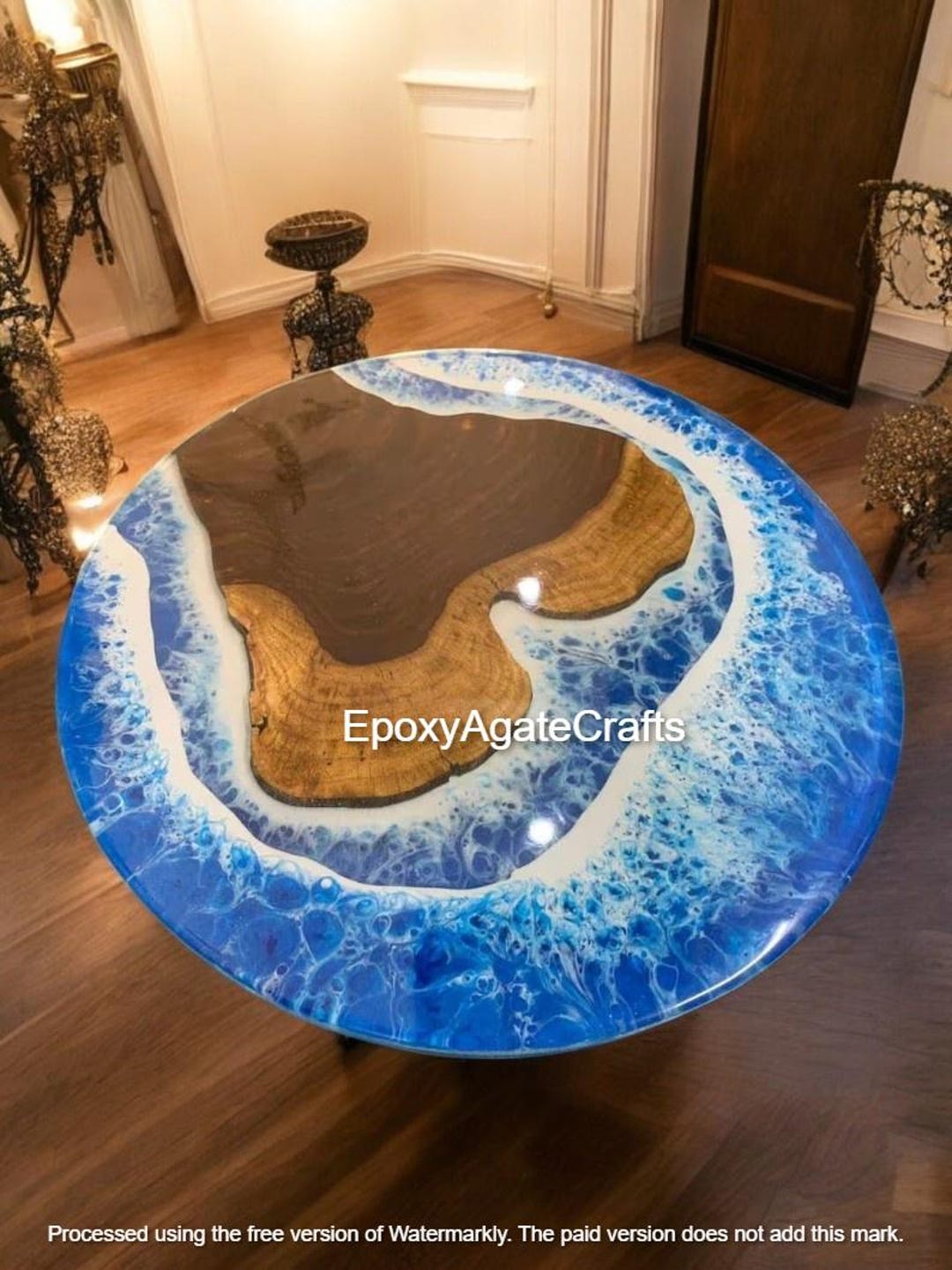 Ocean Wave Round Epoxy Resin Coffee Table Top | Natural Acacia Wooden ...