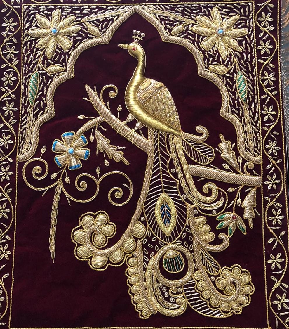 Zardozi Peacock Embroidery Tapestry: Handcrafted Velvet Wall