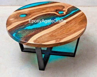 Handmade Acacia Wood Coffee Table: Ocean Wave Epoxy Resin, Modern Art Decor