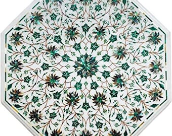 Witte marmeren eettafel top malachiet steen bloemen inleg inlegwerk kunst kostbare edelsteen aanrecht hal en buitentuin decoratief